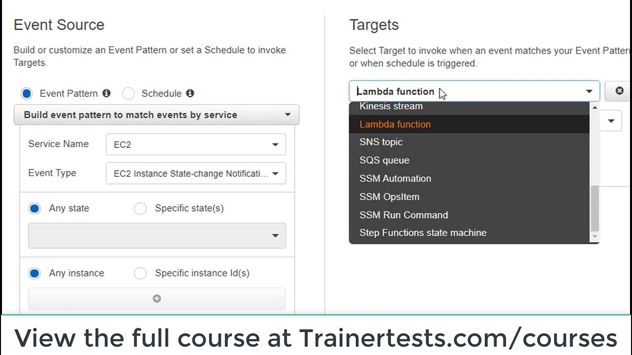 Demo: AWS CloudWatch Events Configuration by TrainerTests.com