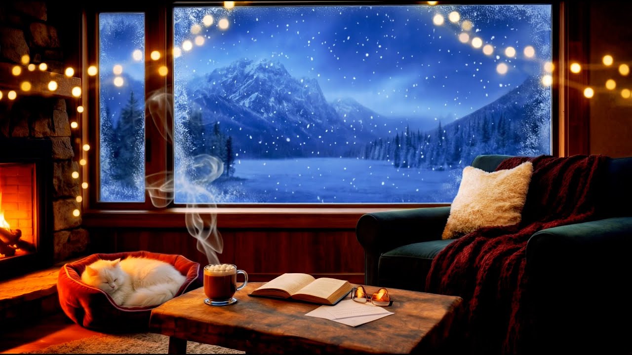 Cozy Mountain Cabin Night 🏔️ Heavy Snowstorm, Fireplace & Cat for Deep Sleep (No Music)