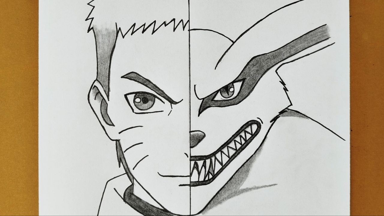 How to Draw Naruto and Kurama Half Face | Easy Anime Drawing Step by Step | Epic Naruto Fanart