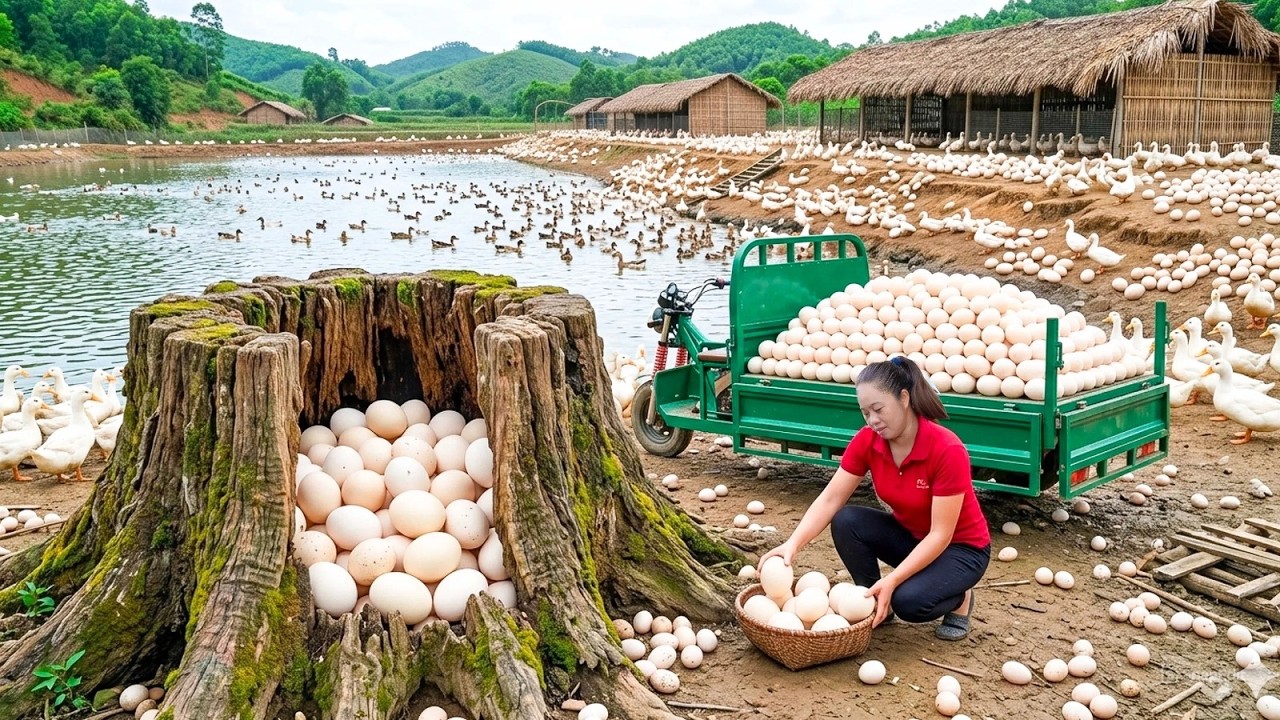 Harvest Over 1000+ Duck Eggs from the Duck Farm — Transport by 3-Wheeled Truck Go To Market Sell