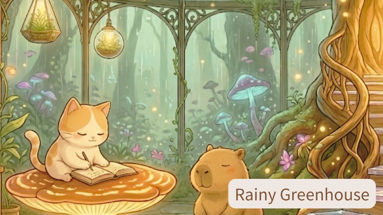 Rainy Greenhouse 🌧️ Study with Mumu & Capybara | Cozy Rain Lofi for Deep Focus