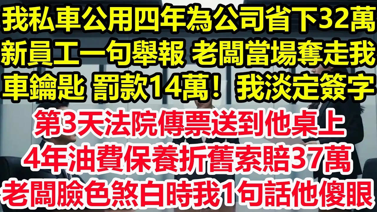 我私車公用四年為公司省下32萬，新員工一句舉報，老闆當場奪走我車鑰匙，罰款14萬！我淡定簽字，第3天法院傳票送到他桌上，4年油費、保養、折舊索賠37萬，老闆臉色煞白時我1句話他傻眼！ #爽文 #職場