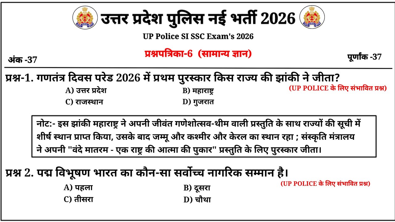प्रश्नपत्रिका-6 | उत्तर प्रदेश पुलिस नई भर्ती 2026 | Gk अति महत्वपूर्ण प्रश्न | UP Police | UPSI |Gk