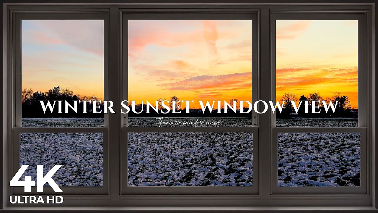 4K Winter field during sunset window view - Relaxing, Calming, Ambience