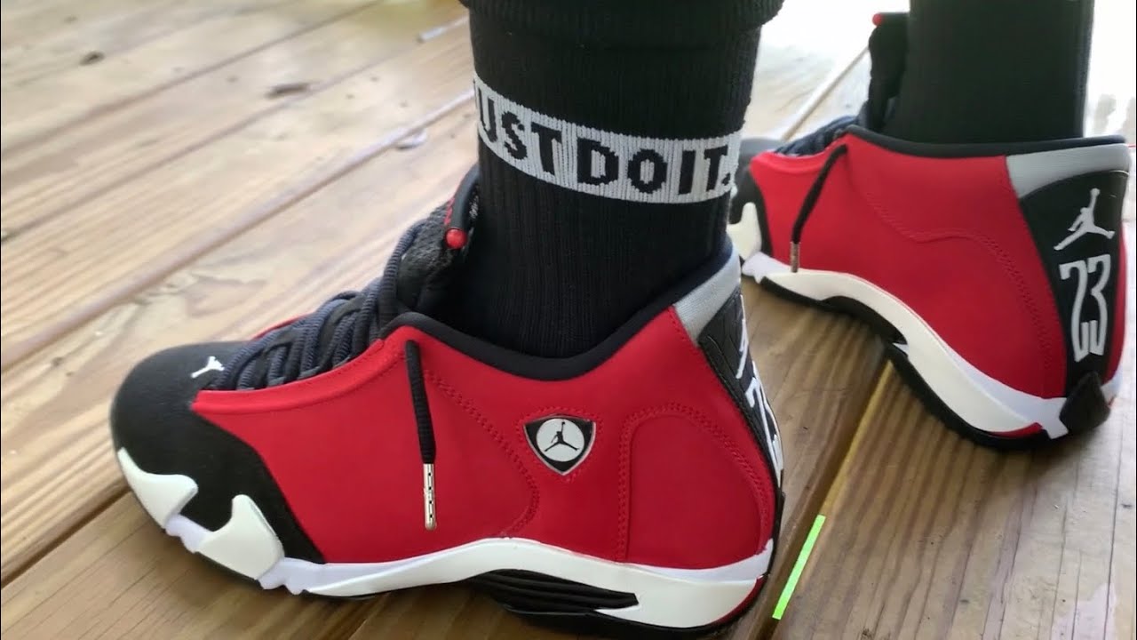 Air Jordan 14 Toro Gym Red Detailed On Foot Close Up