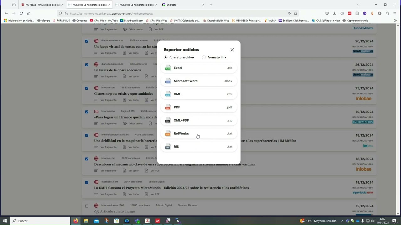 Exportar desde My News a los gestores de referencia: EndNote en línea y Zotero