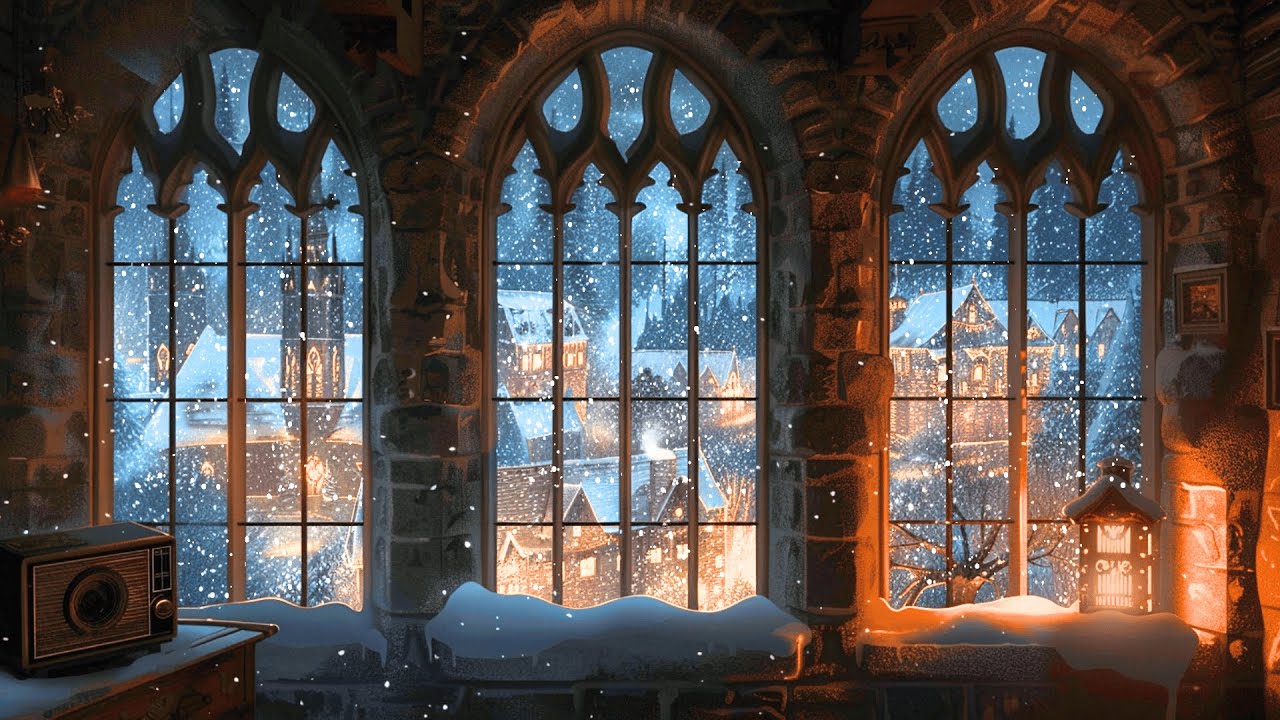 Cozy Christmas Castle Window – 1940s Winter Oldies Playing in Another Room 🎄
