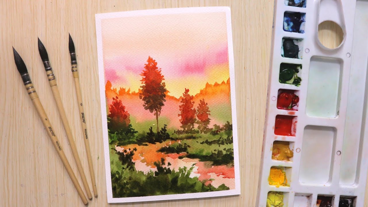 Watercolor painting for beginners beautiful sunset and tree