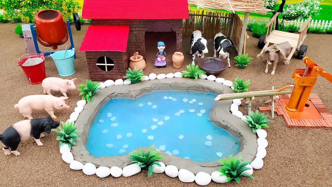 DIY making mini Farm Diorama with Cow Shed - Mini Hand Pumb Supply Water Pool for Animal