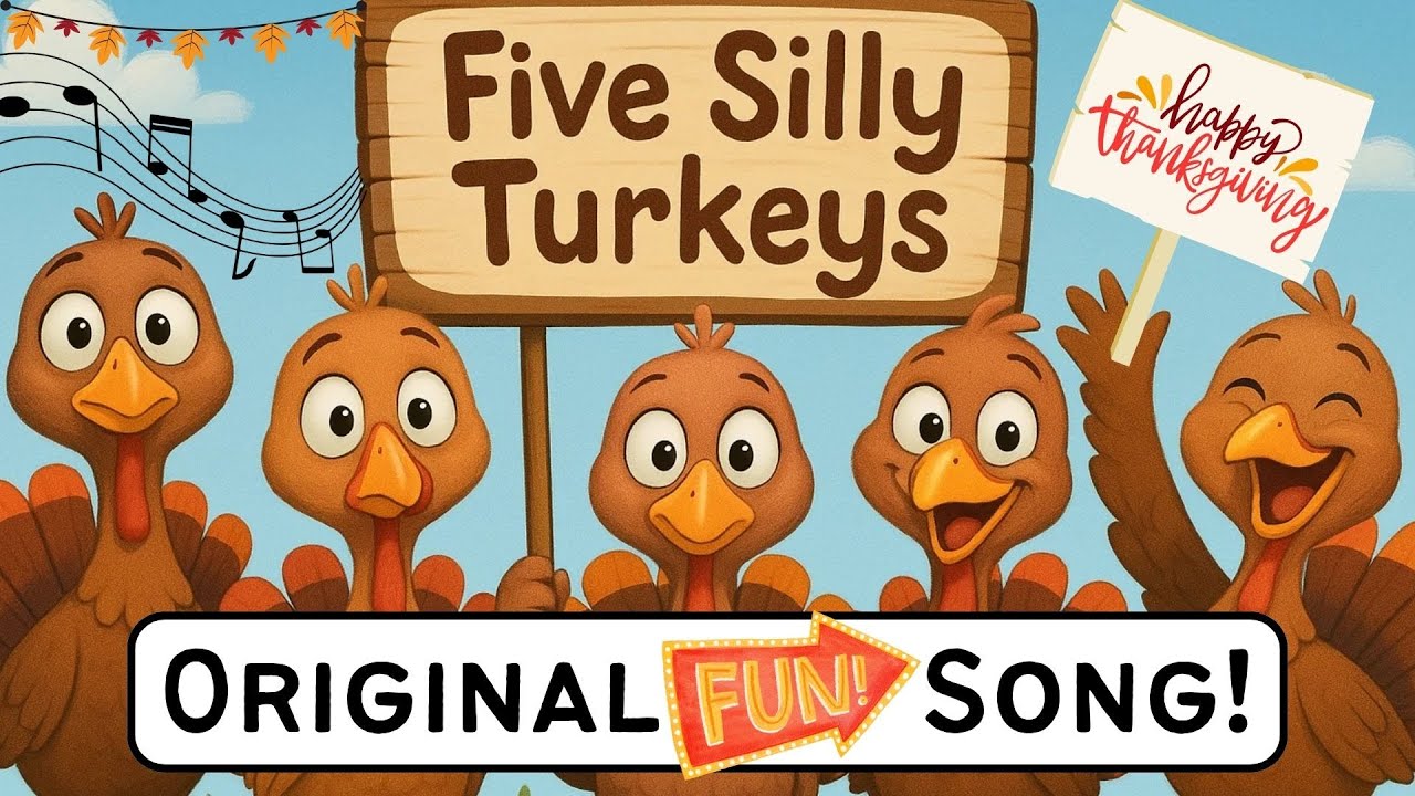 Five Silly Turkeys. A Thanksgiving Song with fun animation. Five Little Turkeys