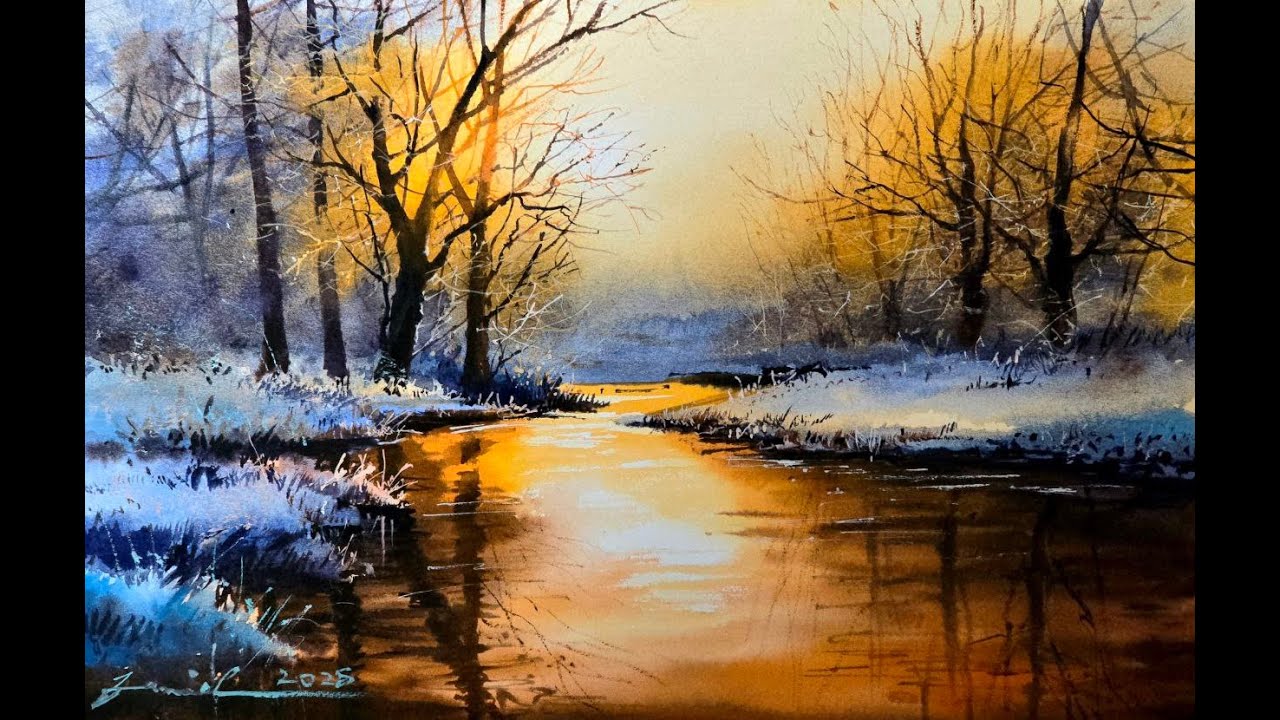 How to Paint a Glowing Sunset Reflection on Snowy Landscape