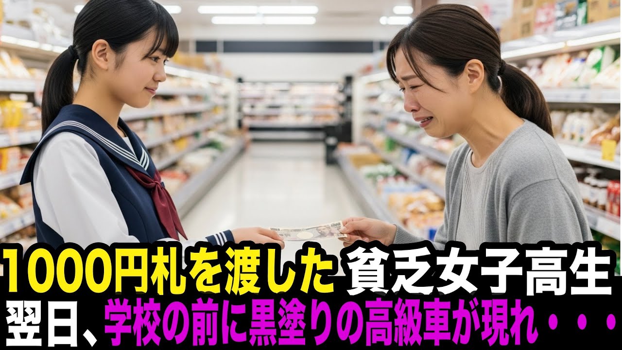 見知らぬ人に1000円札を渡した貧乏女子高生。翌日、学校の前に黒塗りの高級車が現れて・・・