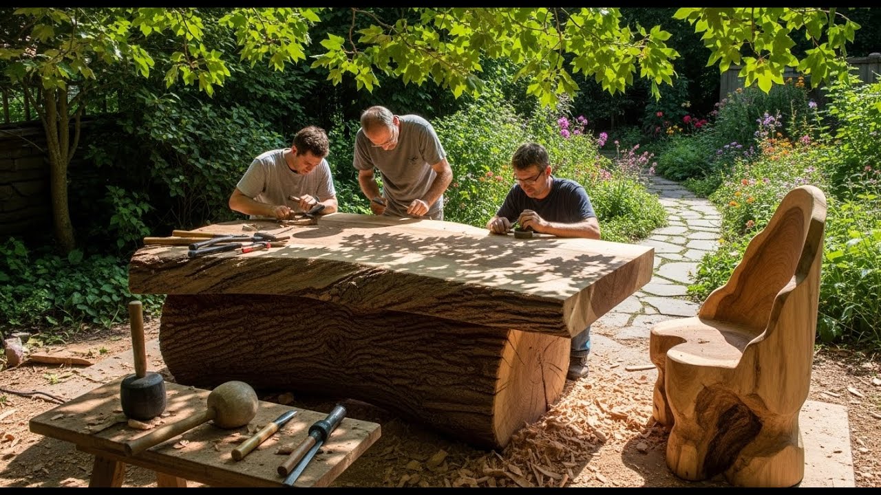 Watch Master Van Team Turn a Giant Tree Trunk into a One Pillar Table and Chair in the Garden