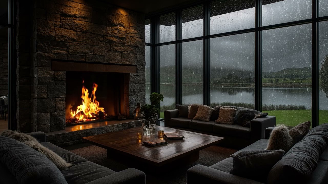 Rainy Lakeside Cabin with Crackling Fireplace 🌧🔥 | No Ads Sleep Better & Deep Relaxation