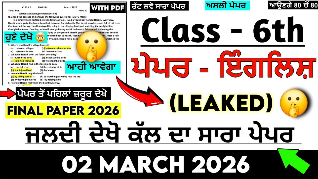 Pseb 6th class English final paper 2 march 2026 | class 6th English final paper 2 march 2026