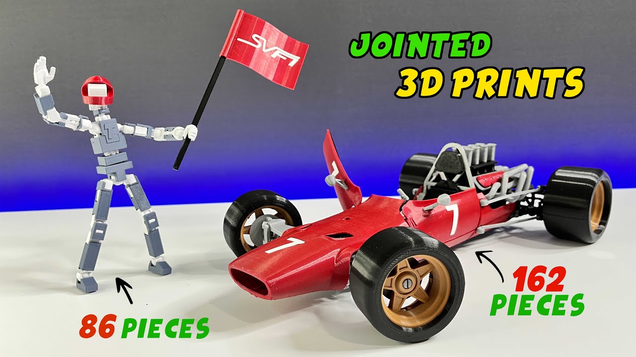 3D Prints Timelapses SVF1 Race Car Model and Jointed Figure