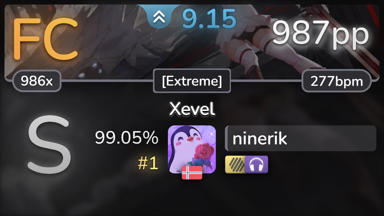 9.2⭐ ninerik | Tatsh - Xevel [Extreme] +HDNC 99.05% (#1 987pp FC) - osu!