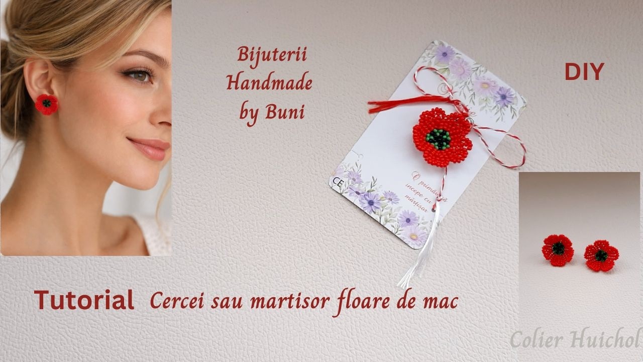 Tutorial cercei sau martisor floare de mac din margele / beaded  poppy Flower 3D earrings