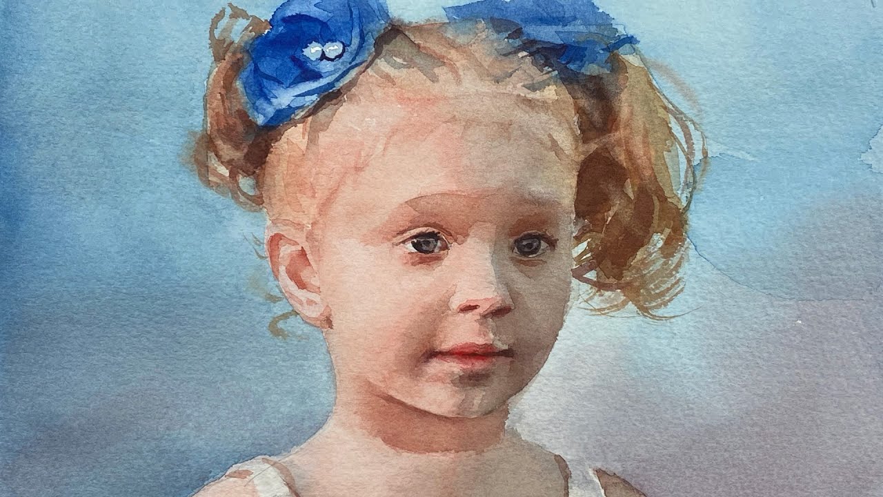 Watercolor Portrait Painting of a Girl with Blue Flowers