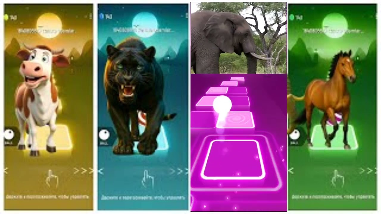 Funny Animals - Cow 🆚 Tiger 🆚 Elephant 🆚 Horse 🎵 Tiles Hop #part20