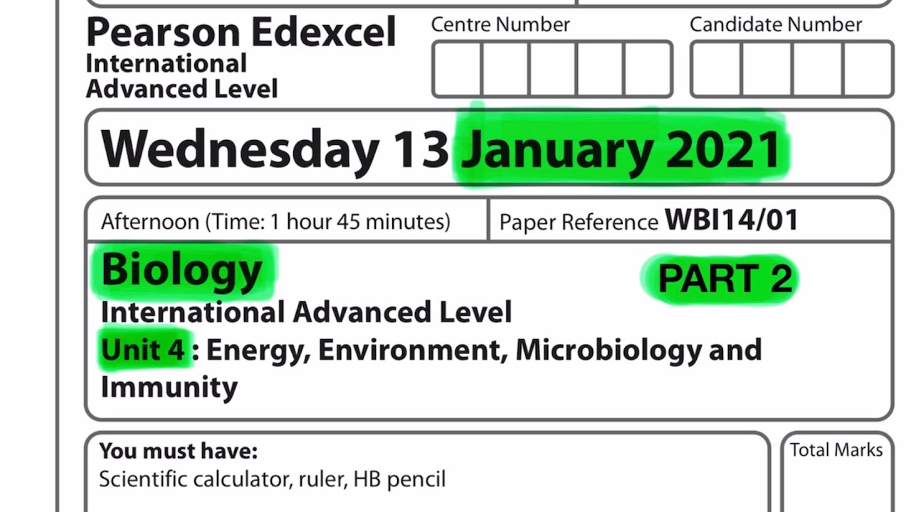 Pearson Edexcel International A level Biology Unit 4 January 2021. Part 2 of 2