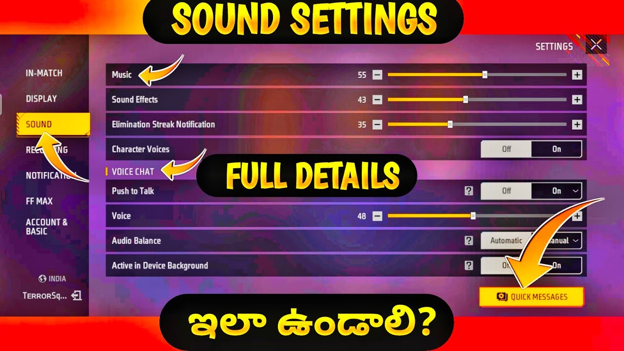 Sound Settings Full Details Free Fire In Telugu || Quick Messages Settings Full Details Free Fire