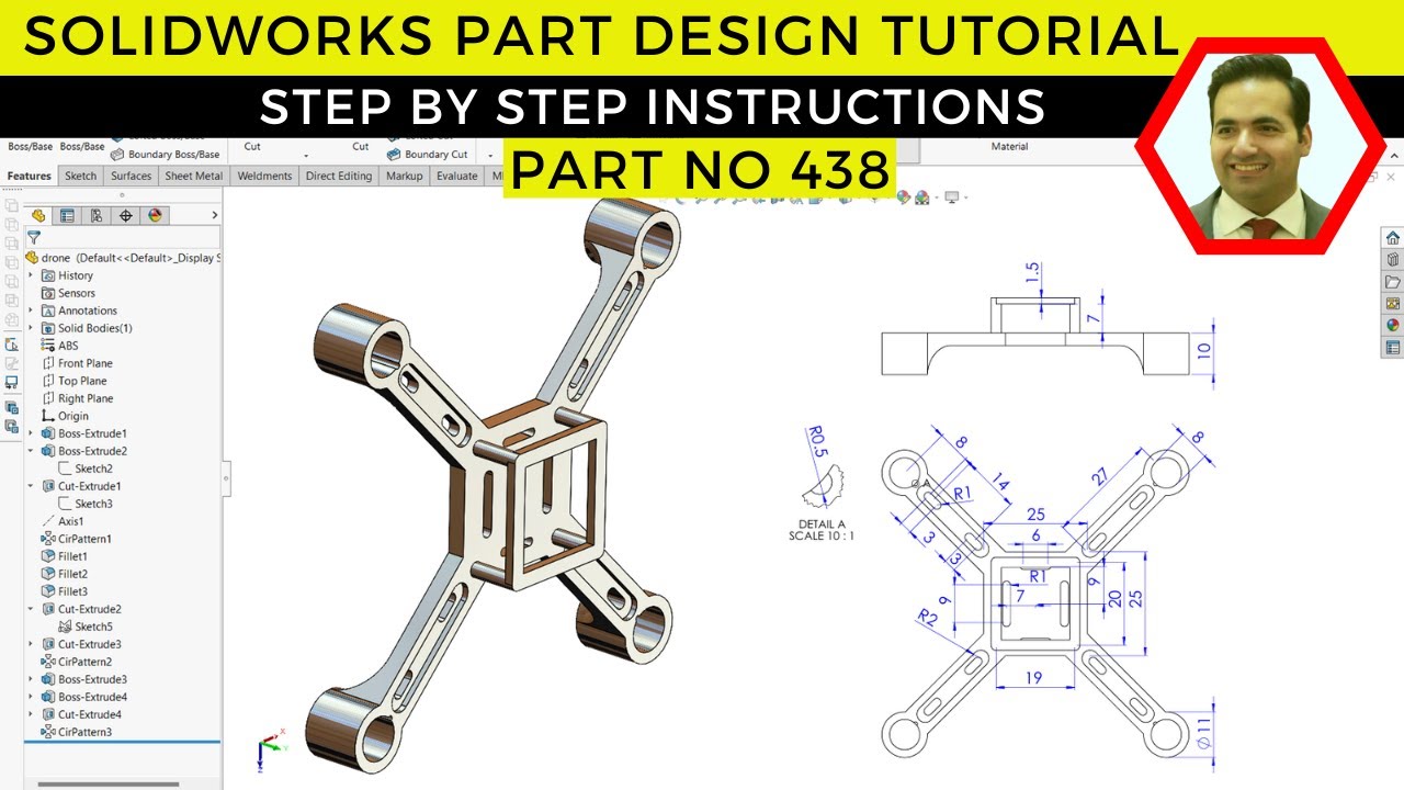 SOLIDWORKS Drone Part Design Tutorial | Step-By-Step 3D Modeling | Part No 438