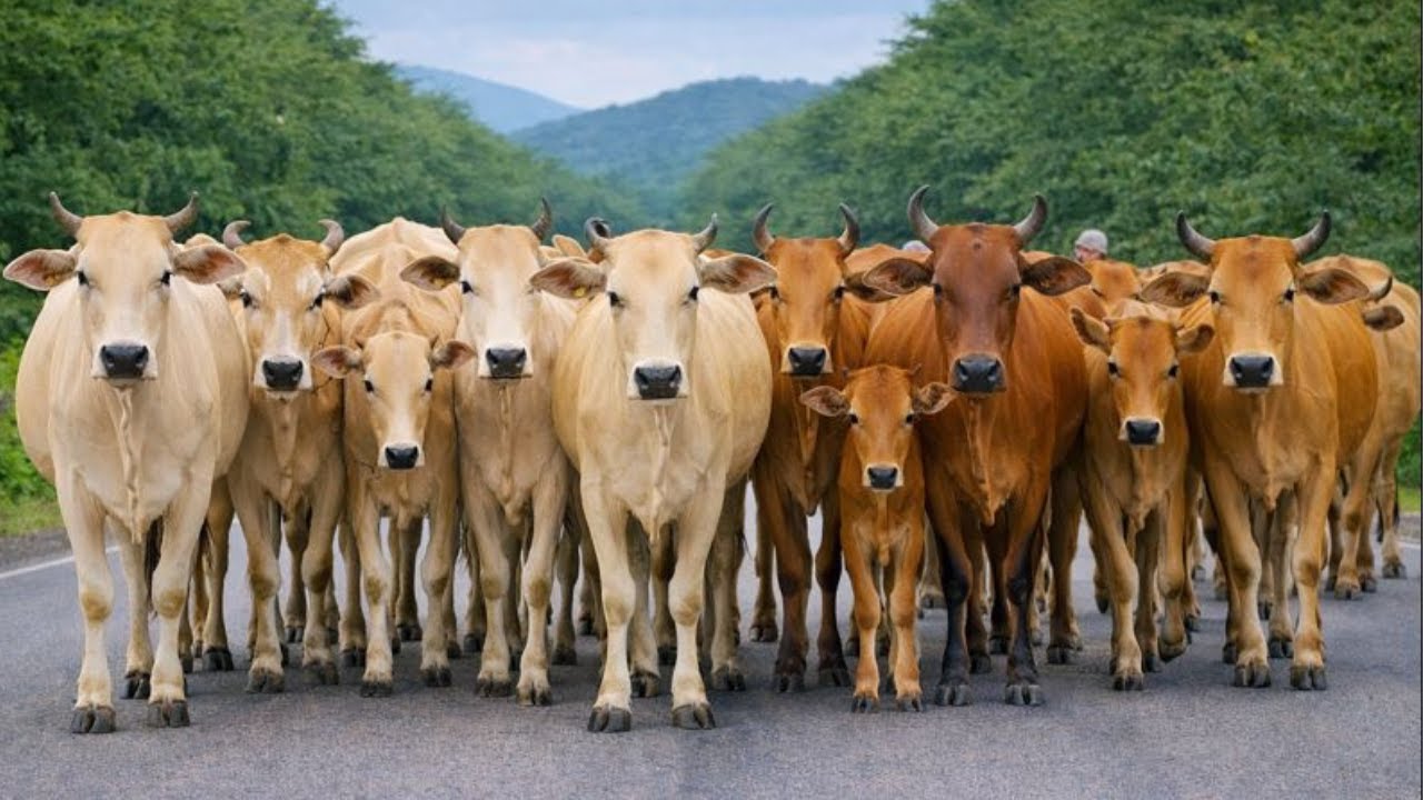 Pengembala Menggiring sapi lembu jinak menuju kandang, Suara Sapi Moo, Sapi Lucu berkawanan di jalan