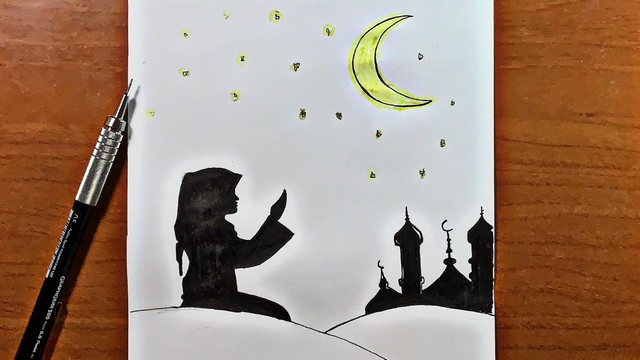 رسم رمضاني سهل | تعليم رسم هلال رمضان مع فتاة محجبة خطوة بخطوة