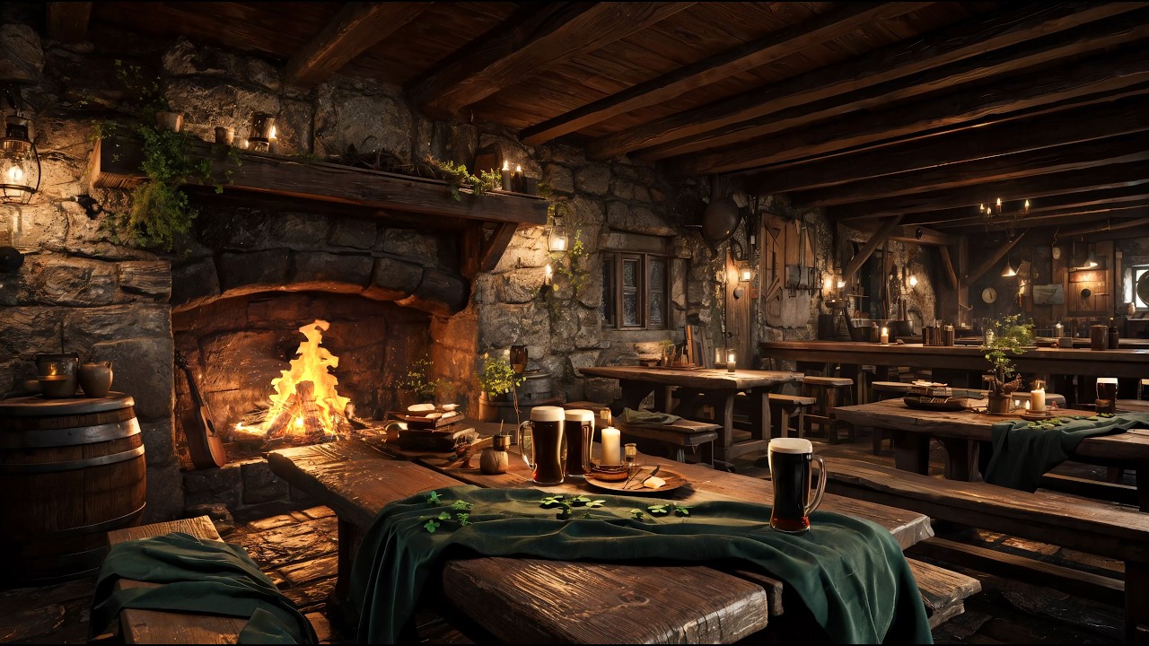 Cozy Irish Pub Ambience 🍀 Fireplace & Celtic Music | St. Patrick's Day | 4K