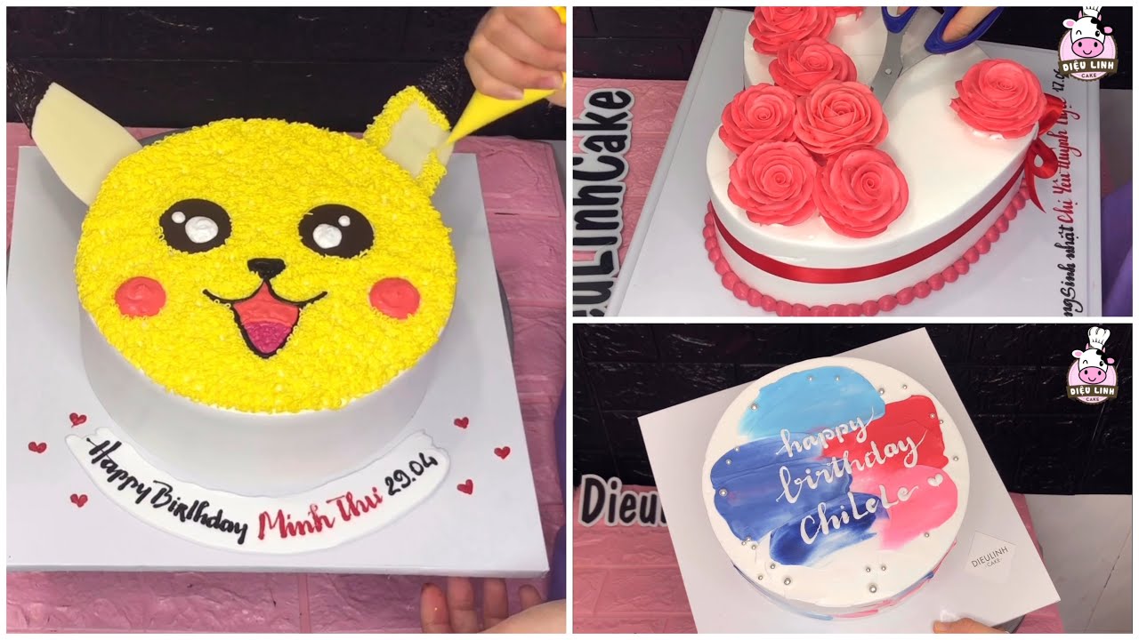 Pikachu cake + heart flower cake + color korea cake | Dieulinhcake