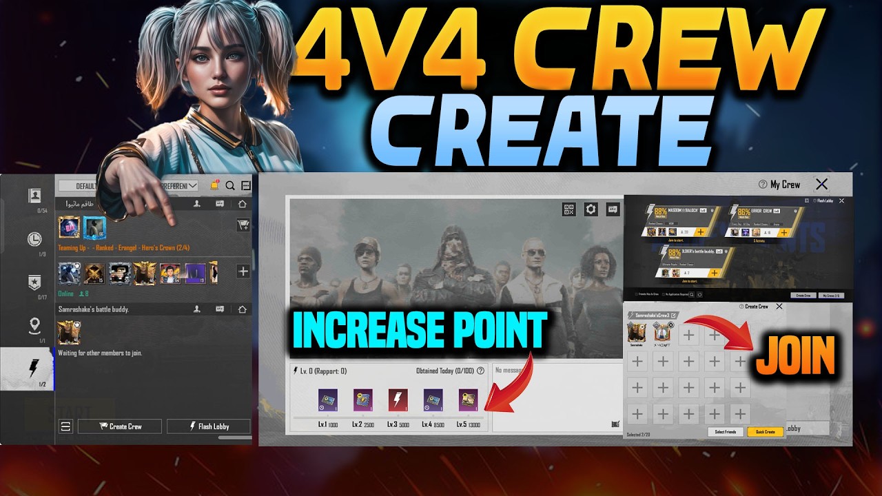 CREW CREATE & FLASH LOBBY EXPLAIN | PUBG 4.4 UPDATE NEW CREW FEATURE | HOW TO INCREASE RAPPORT POINT