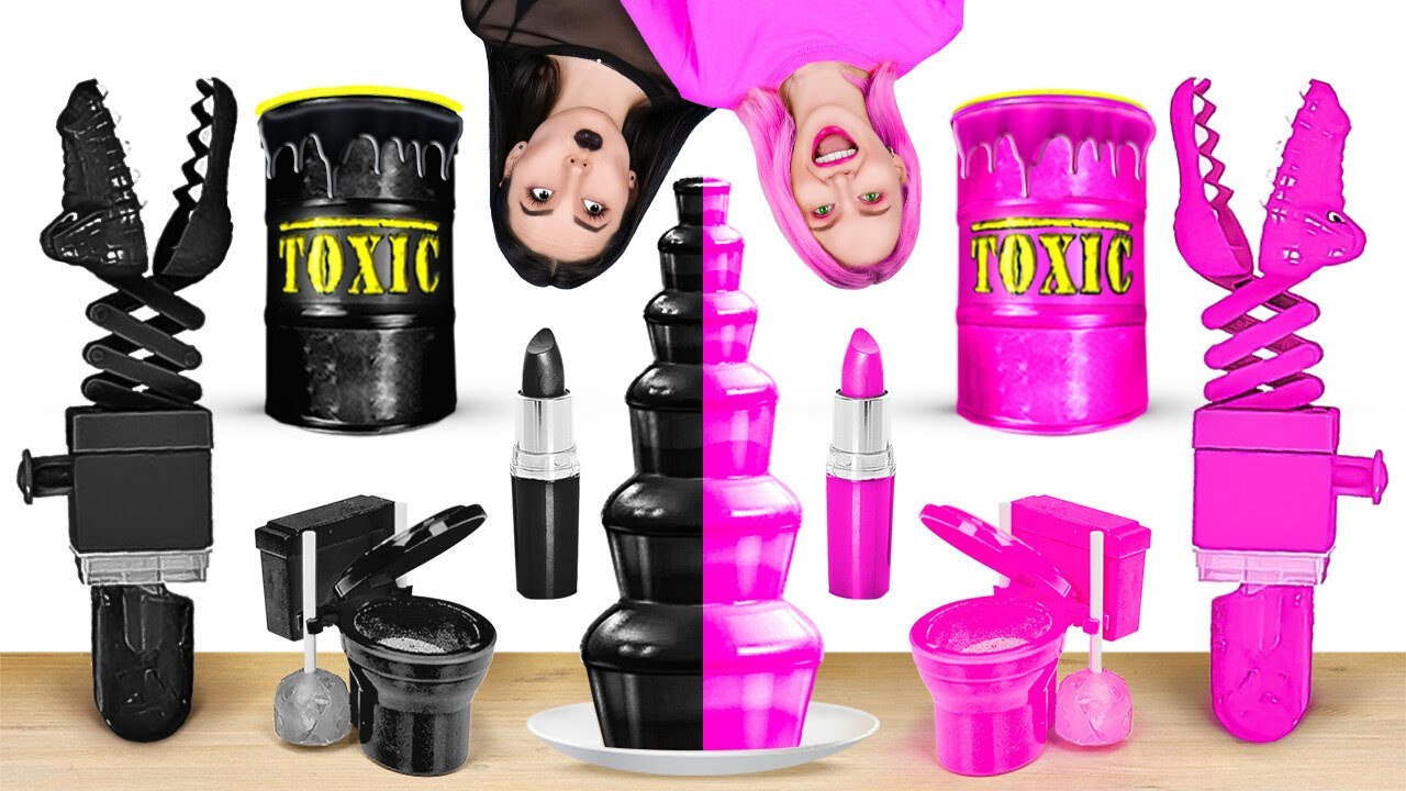 BLACK VS PINK BATTLE! || Chocolate Fondue Face-Off: Bold Black VS Pretty Pink by 123 GO! FOOD