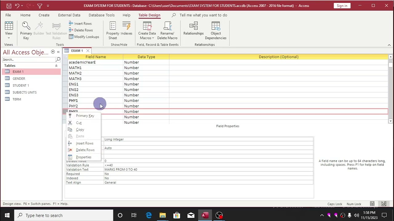 VALIDATION ( REPORT CARD) MS ACCESS  CLASS 5