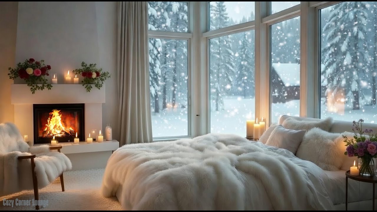 Winter Serenity ❄️ Cozy Fireplace Ambience with Falling Snow | Relax, Sleep & Study | 4K