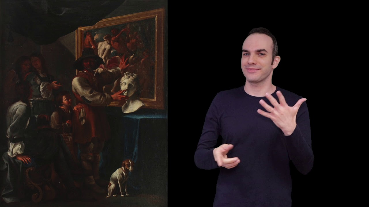 MUSAE Videoguida LIS Palazzo Baldeschi - Un cieco che tocca una scultura classica e un dipinto
