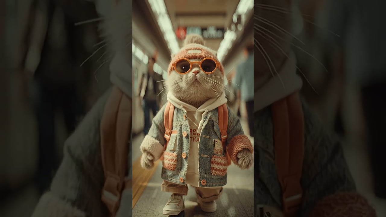 a cute anthropomorphic cat walking confidently in