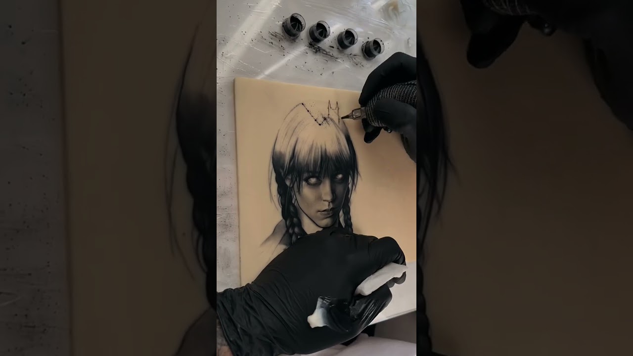 Tattooing Wednesday Addams in fake skin - #tattoo #art #tattoodesign #wednesdayaddams #wednesday