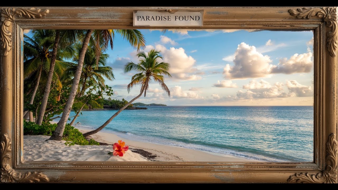 Paradise Found  Framed Tropical Beach Scene with Palm Trees & Ocean Breeze