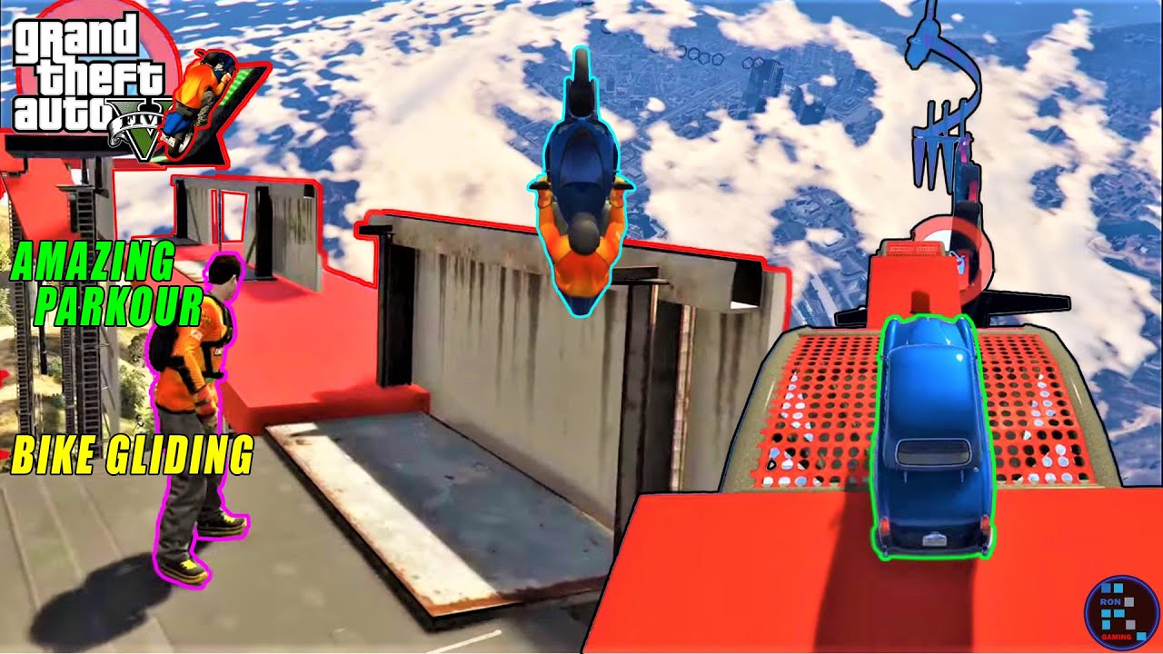 GTA V | Super Amazing Bike Gliding Parkour With RON