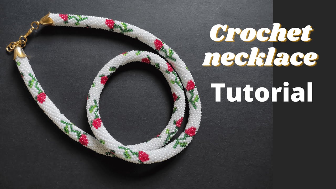Crochet necklace with rose pattern making with seed beads, full tutorial