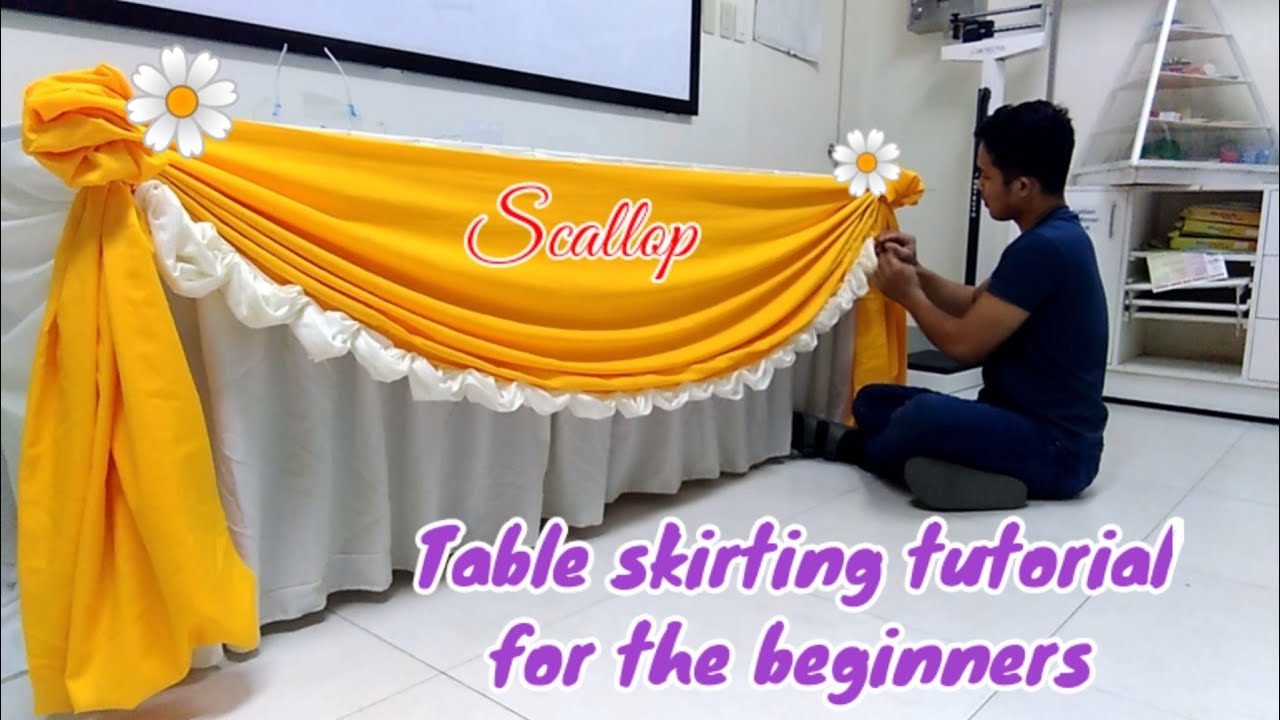 Table skirting tutorial scallop design with rose pleats step-by-step tutorial.