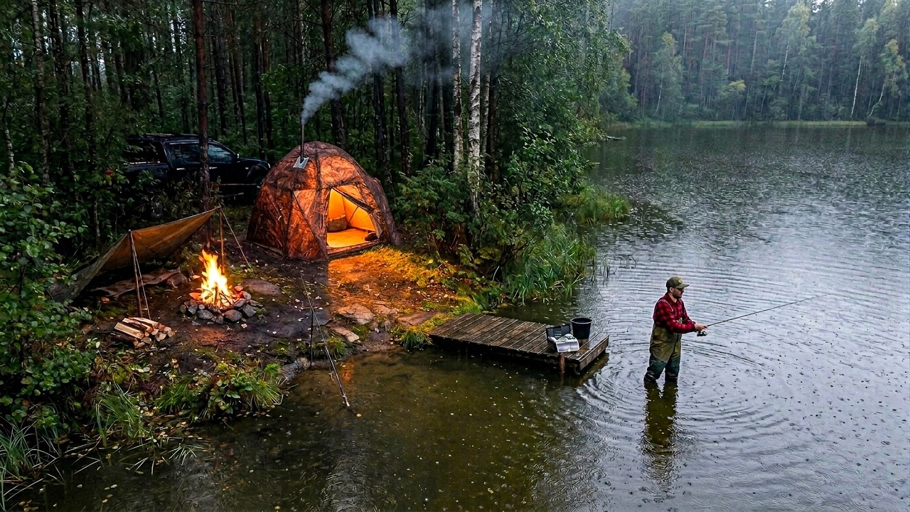 Camping and Fishing in HEAVY RAIN. Alone at a Remote Forest Lake