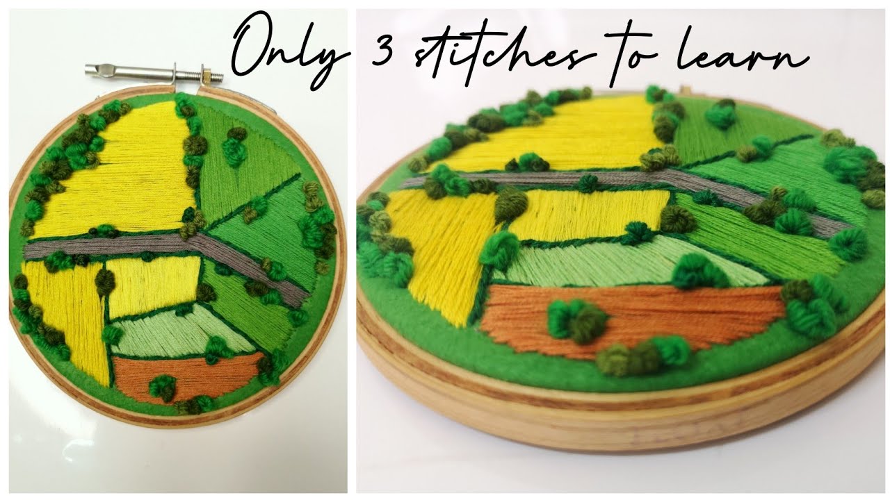 Easy Aerial Farmland Landscape Embroidery - Hand Embroidery using only 3 Stitches - For beginners