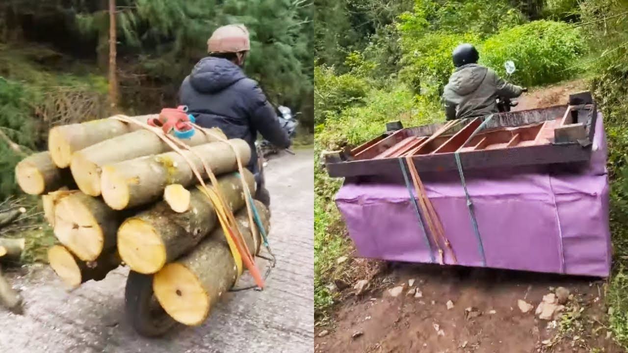 Добрый мотоциклист помог доставить древесину людям в горах, но его операция была опасной.