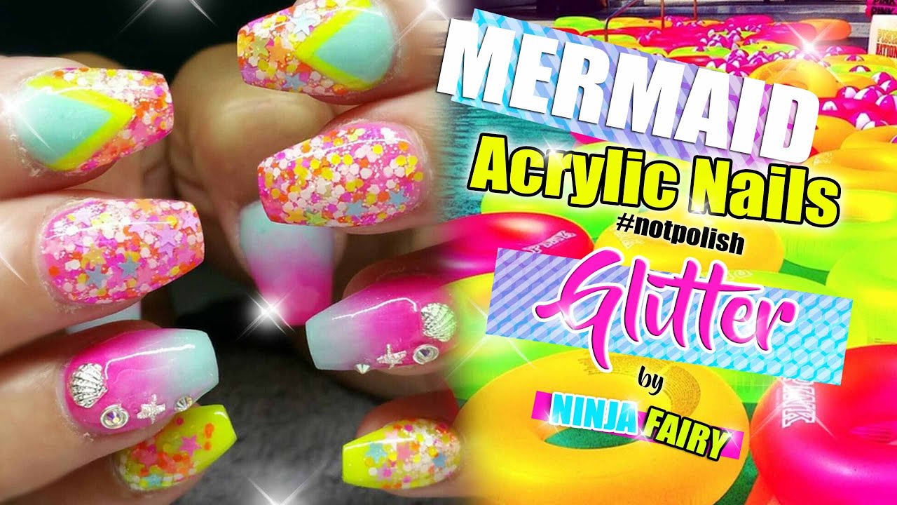 Short Coffin Acrylic nails with Neon ombre glitter design | NINJA FAIRY