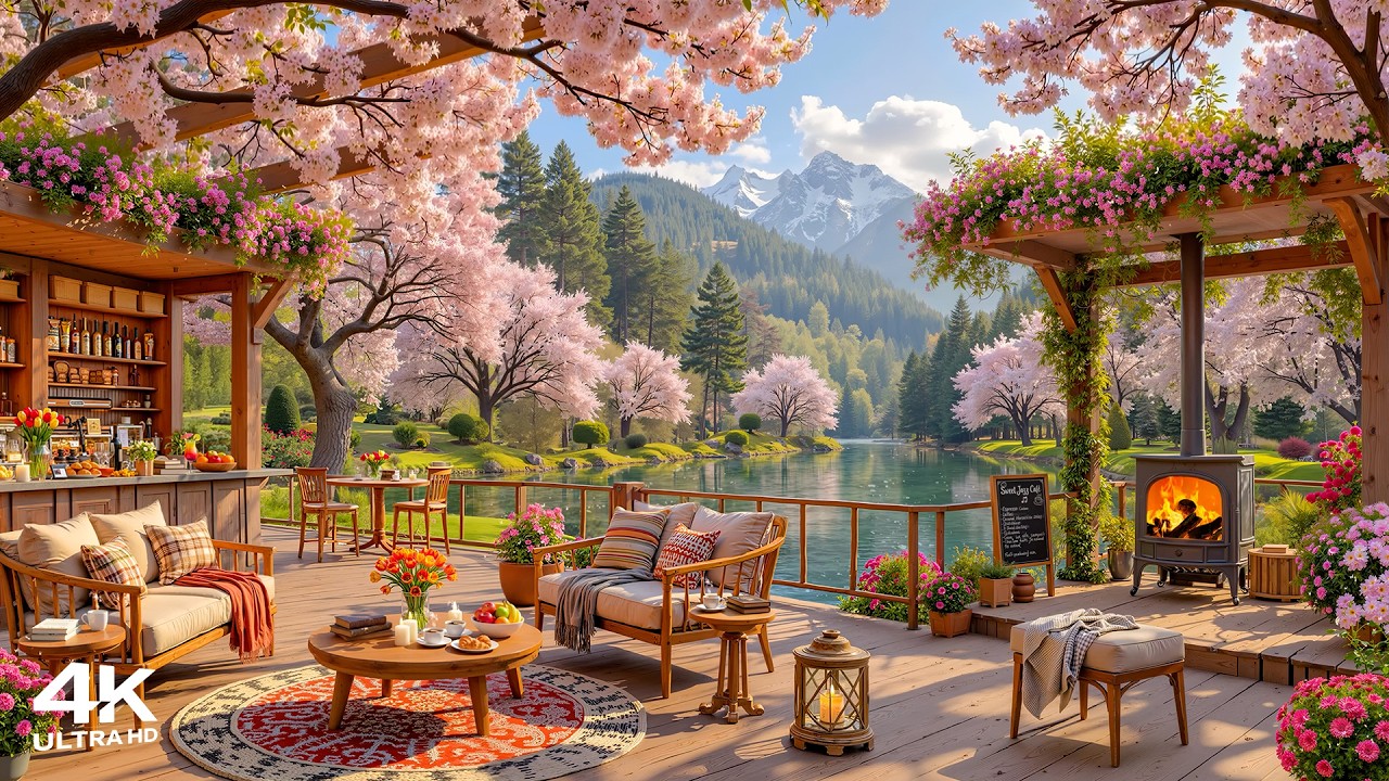 4k Spring Coffee Shop Ambience ~ Soft Jazz Music for Good Moods 🌸 Relaxing Jazz Instrumental Music