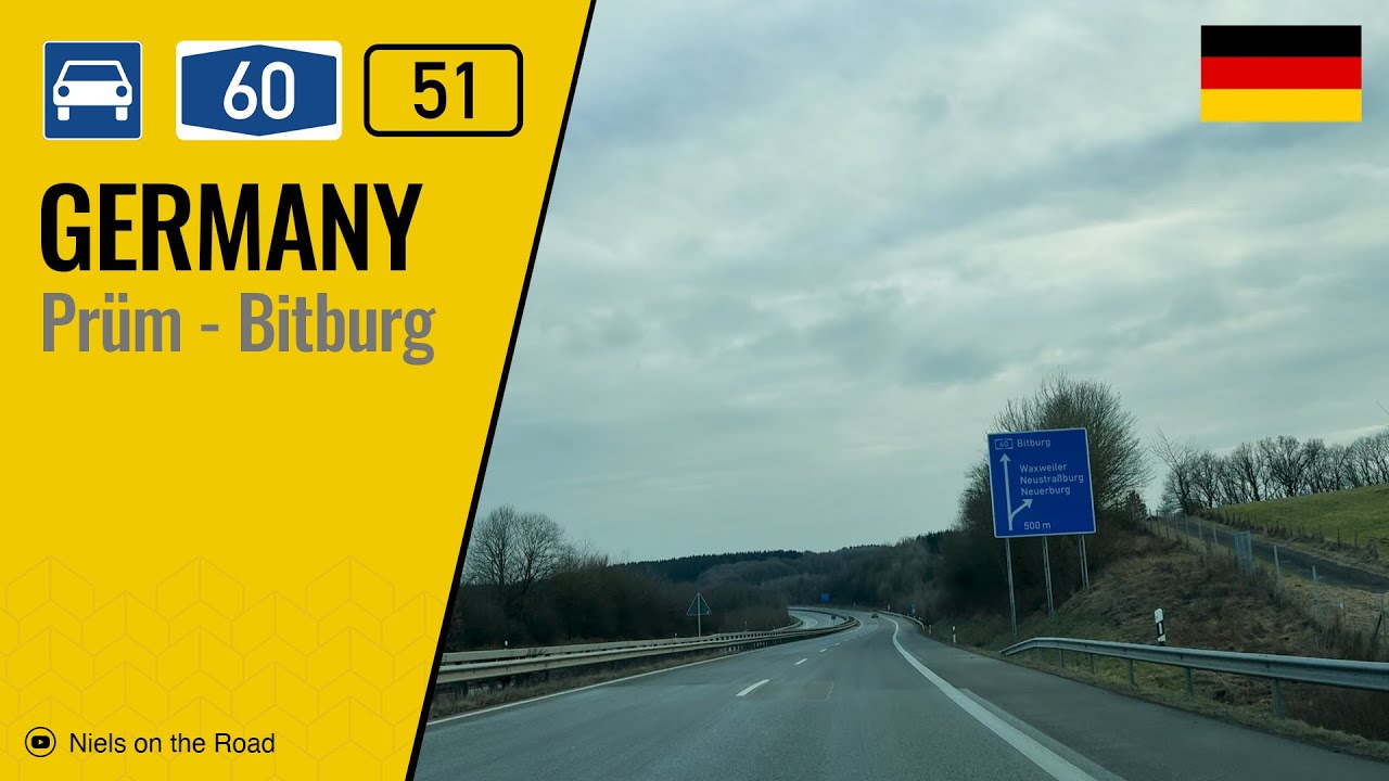 Driving in Germany: Autobahn A60 E42 & Bundesstra&szlig;e B51 E29 from AS Pr&uuml;m to Bitburg