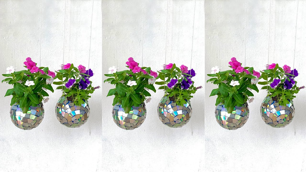 Unique idea to make flower pots, Make flower pots by CD Disc