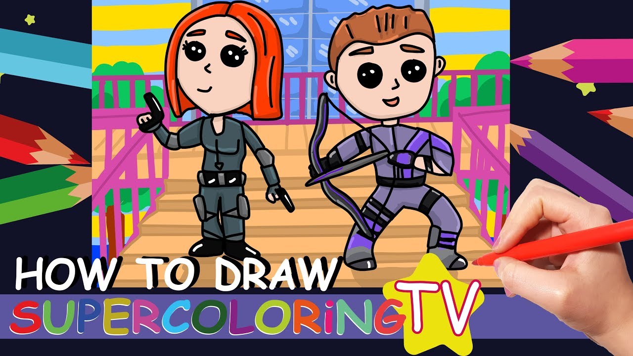 How to Draw the Avengers for Kids, Drawing Coloring Baby Avengers Superheroes, Black Widow Hawkeye